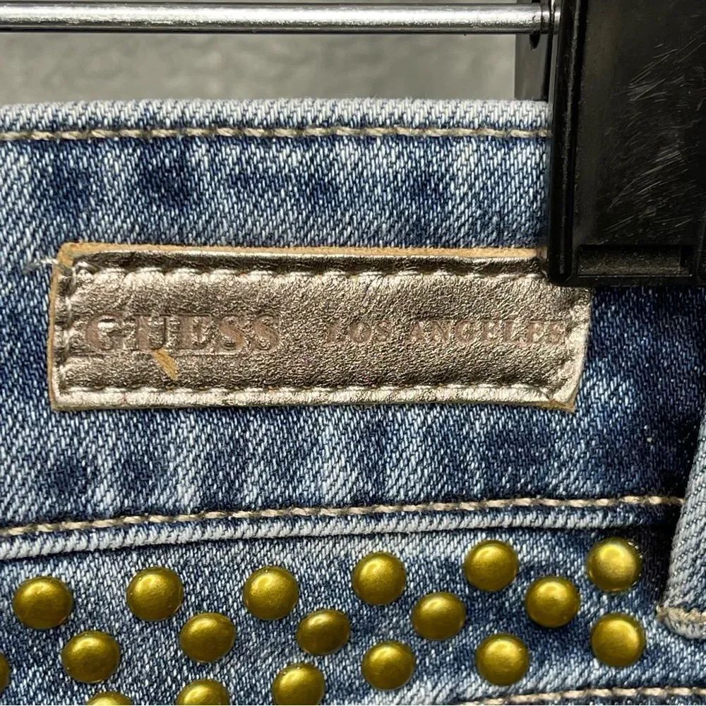 Guess Denim Blue Embellished Distressed Jean Mini Skirt Size 29 - Picture 8 of 13